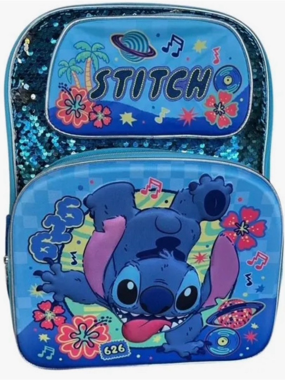 Disney Blue Sequin Stitch Kids Backpack with Front Pocket